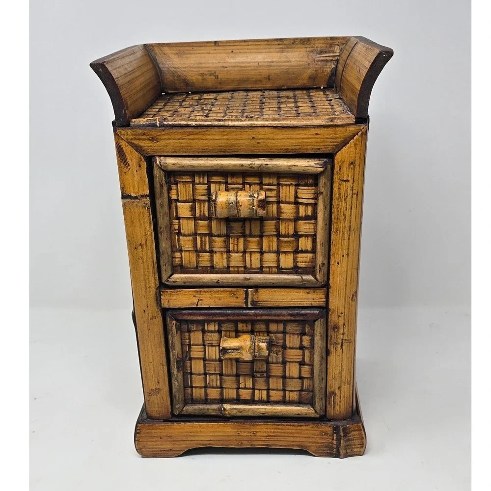 Vtg Rattan mini chest two drawer storage bamboo boho organizer costal tiki decor